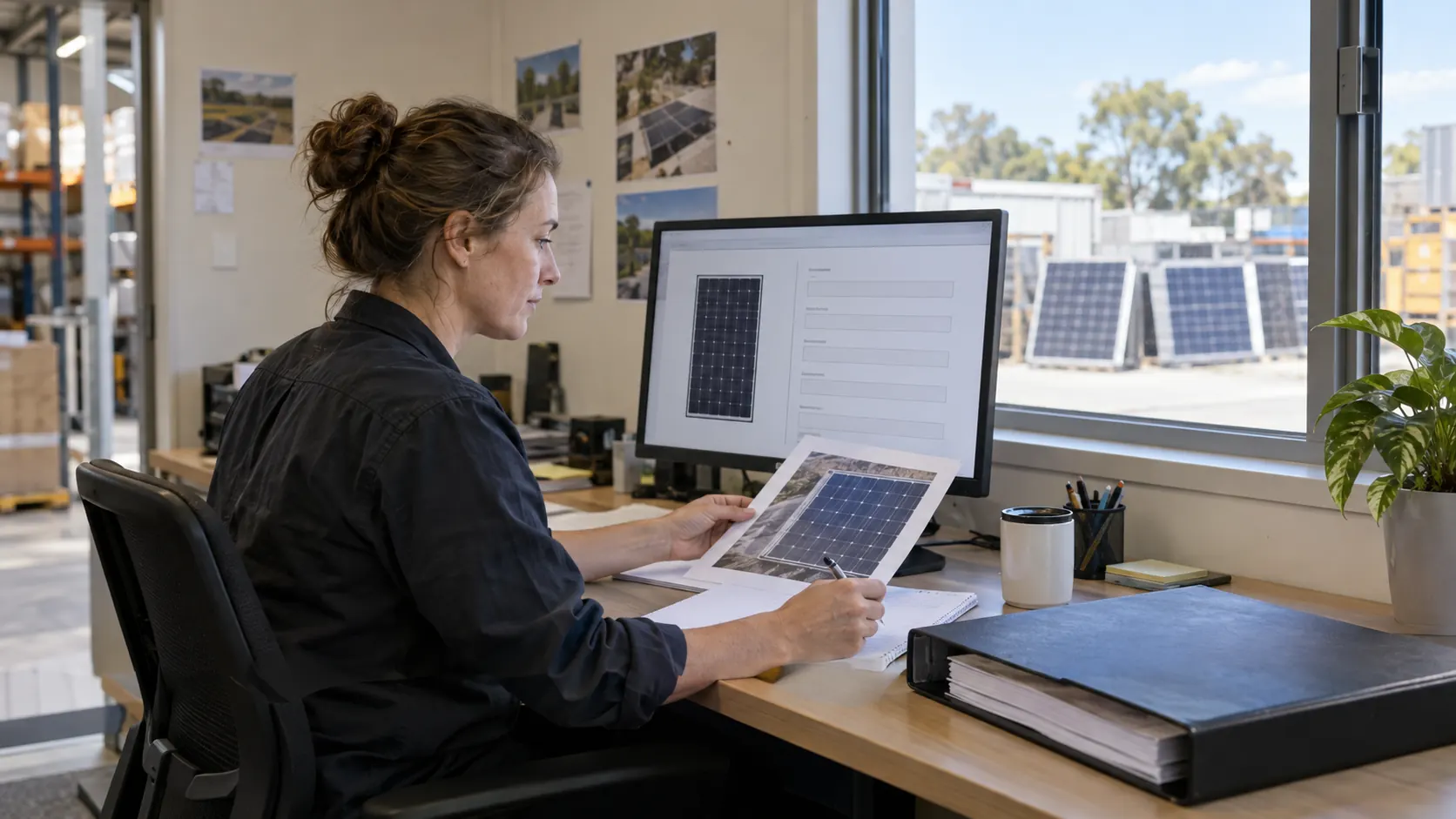 Seated office coordinator comparing a panel photograph with a module outline on a monitor, with detached panels beyond a window