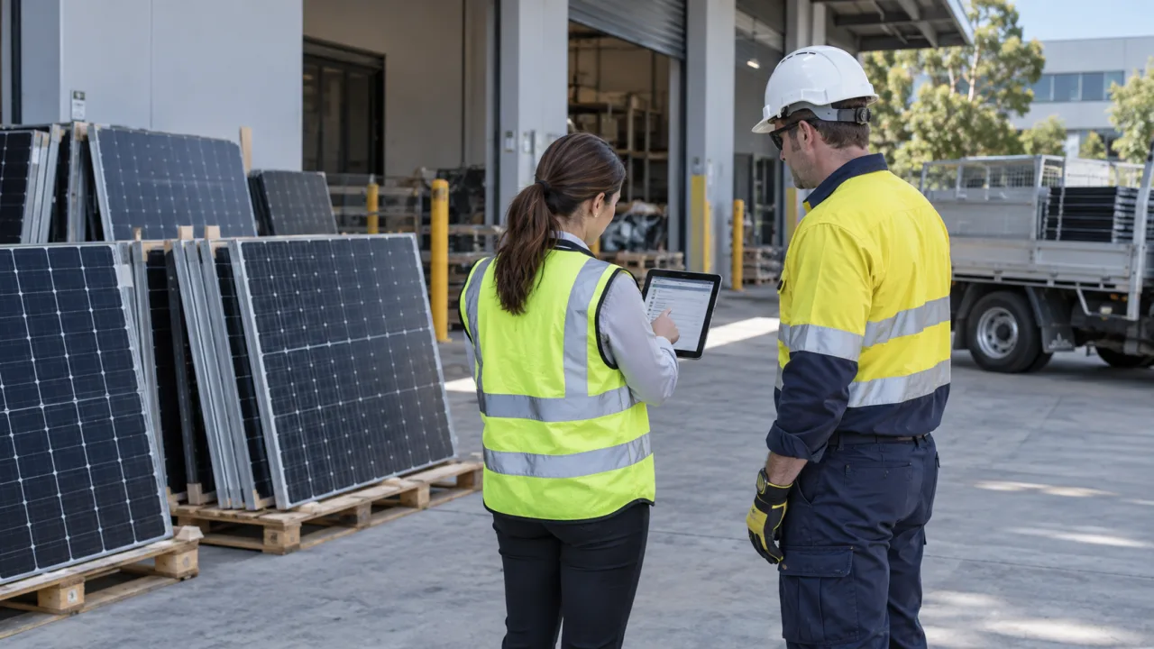 Facilities manager and electrician reviewing panel count, condition and access beside safely staged removed solar panels