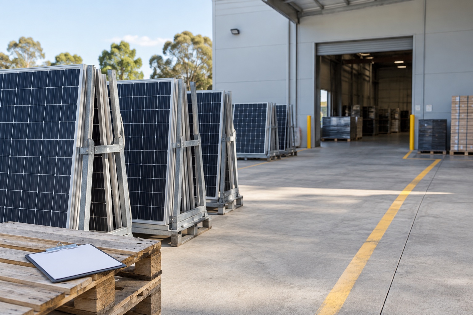 Editorial view of removed solar panels in protective racks beside a generic loading access route