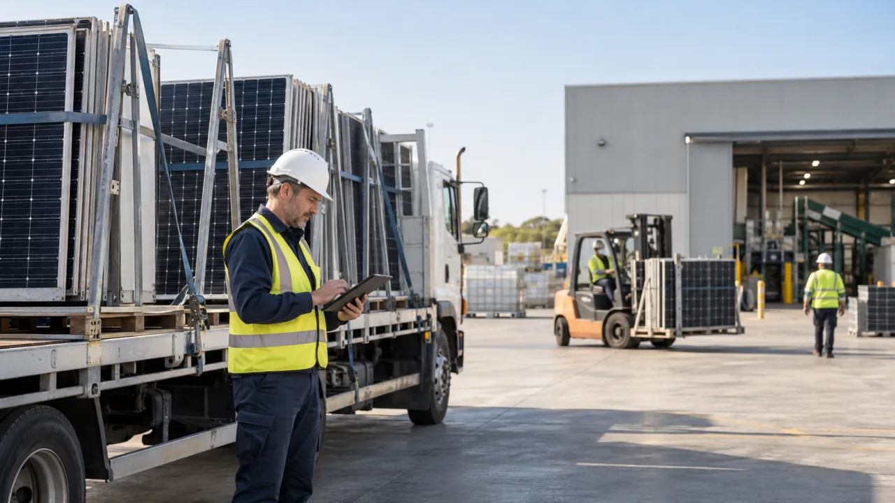 Solar panel transport coordinator beside secured panels with a separate generic processing building in the background