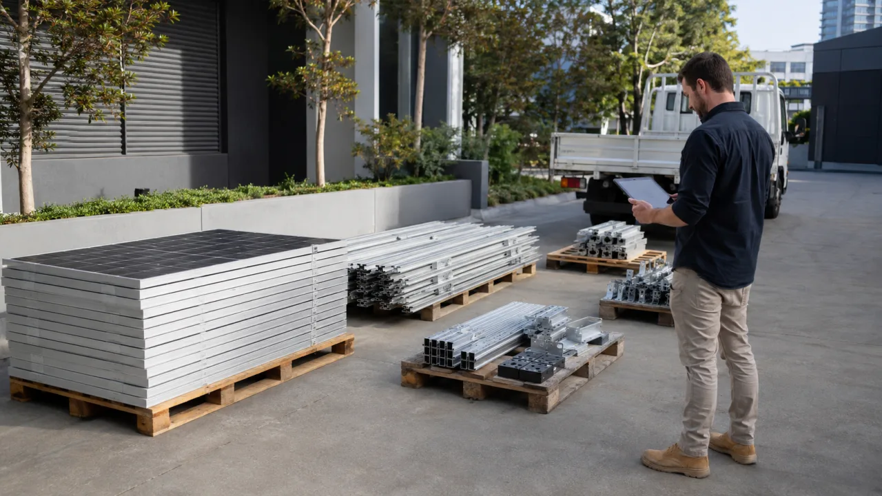 Removed solar panels, mounting rails and clamps grouped separately for a ground-level component inventory