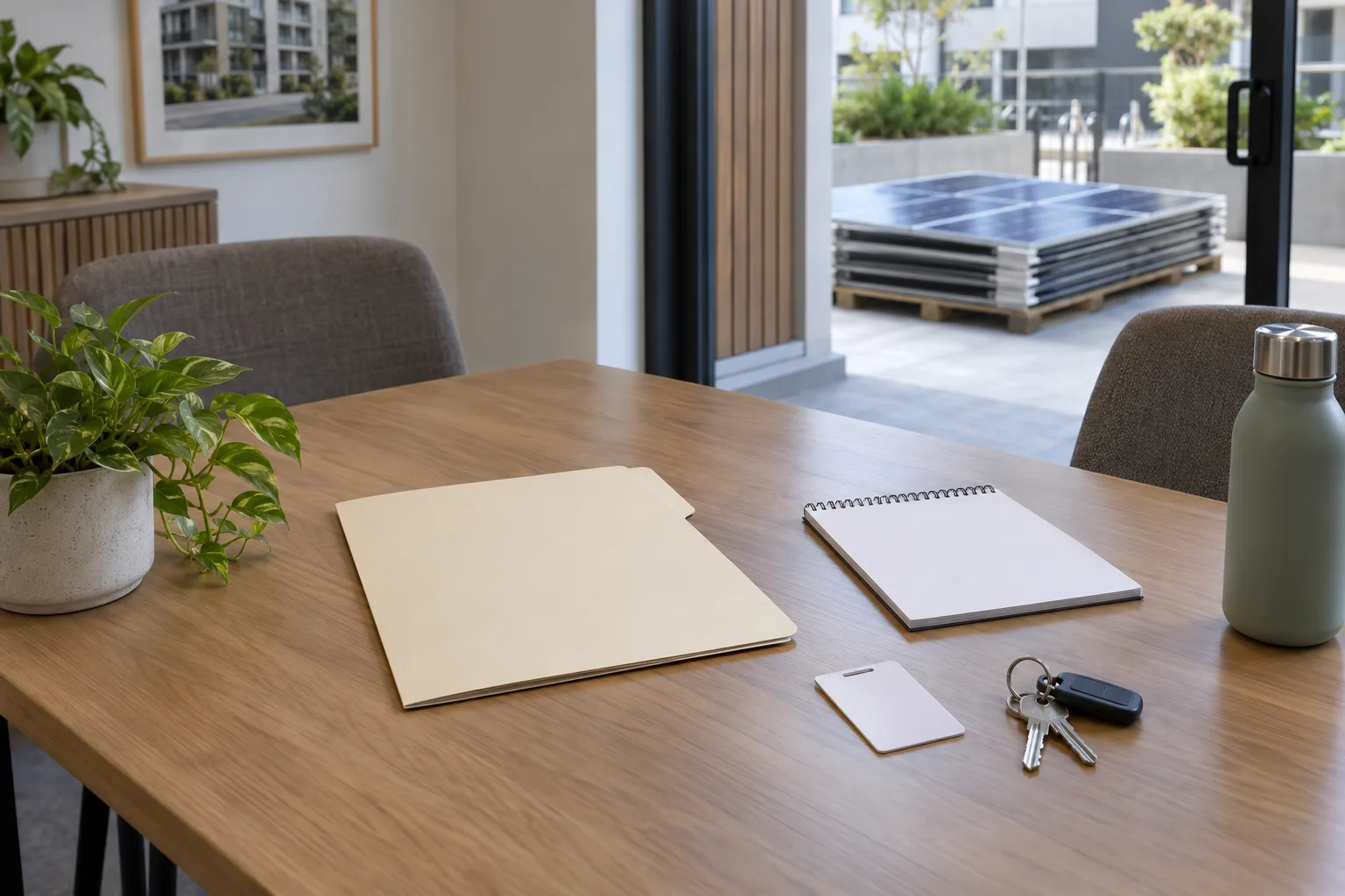 Blank property folder, access card and keys beside a softly blurred ground-level solar-panel staging area