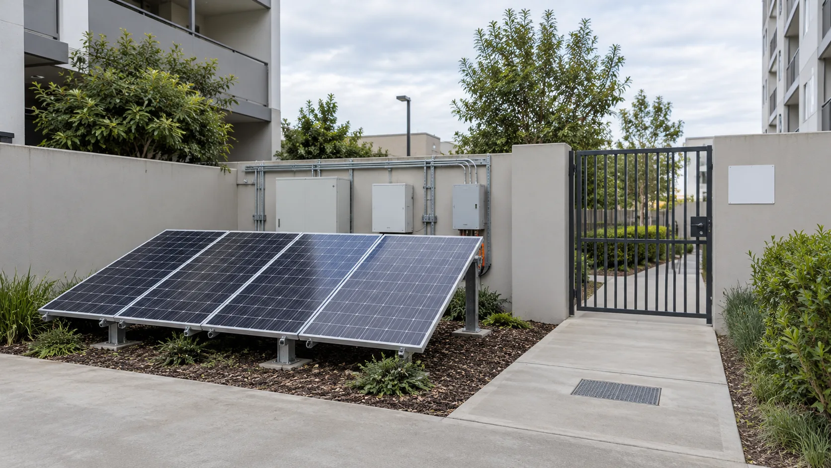 Ground-level solar-panel group in a tidy apartment service courtyard beside a closed gate