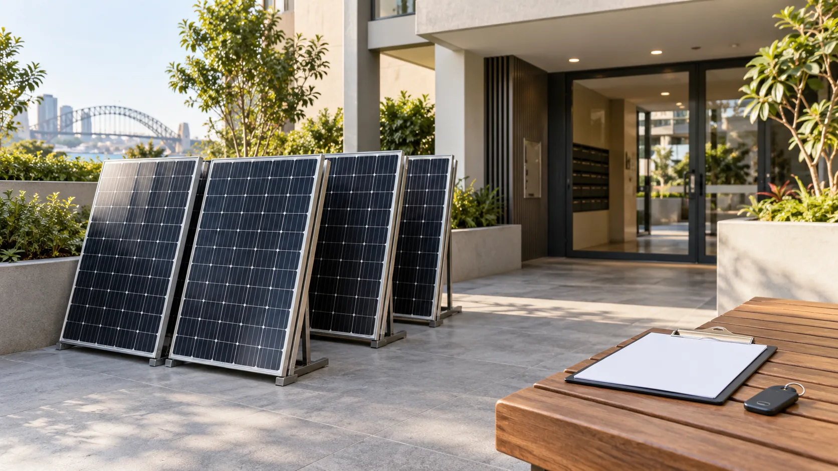 Ground-level solar panels beside a modern apartment service entrance, blank clipboard and access fob