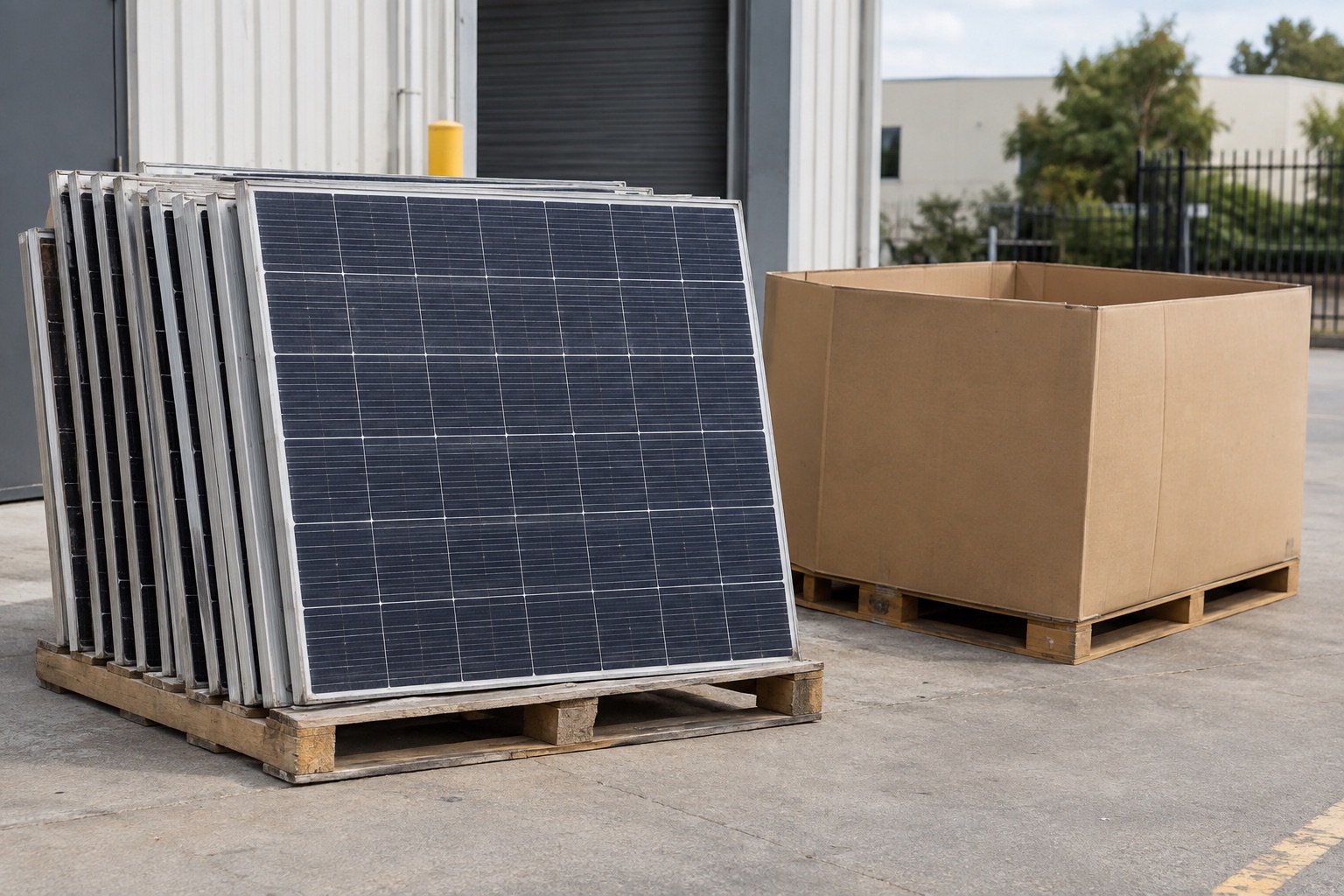 Editorial view of a generic ground-level solar-panel staging area