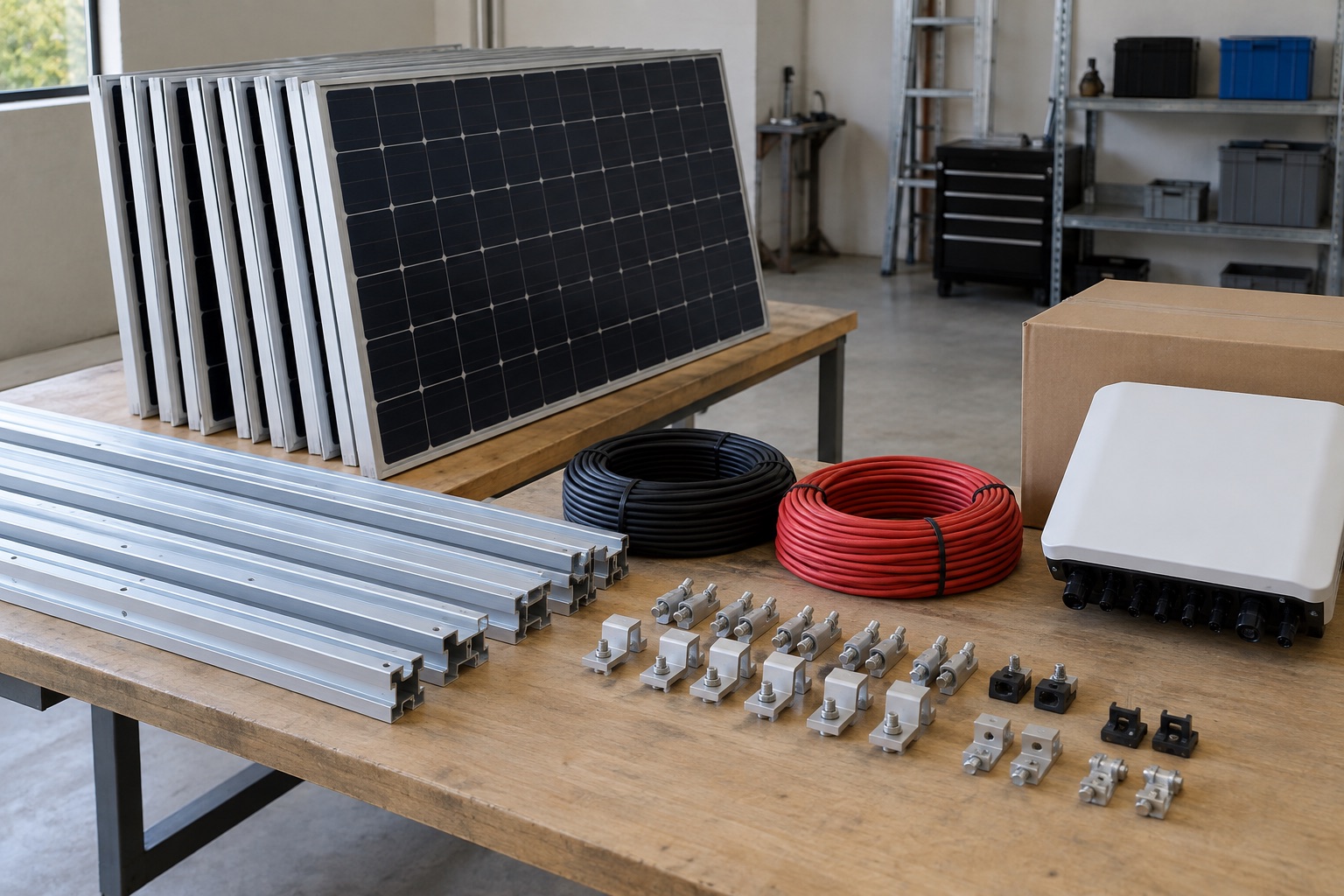 Editorial view of solar panels and components set out as separate inventory groups