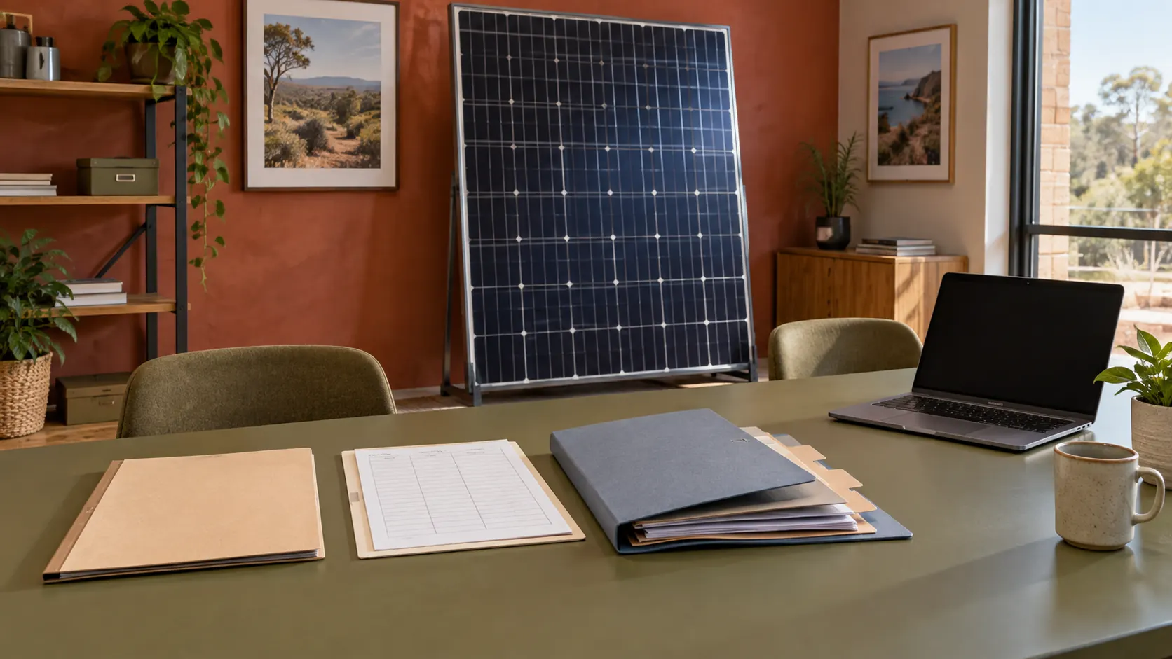 Plain folders and a tally sheet on an olive desk with a freestanding solar module behind