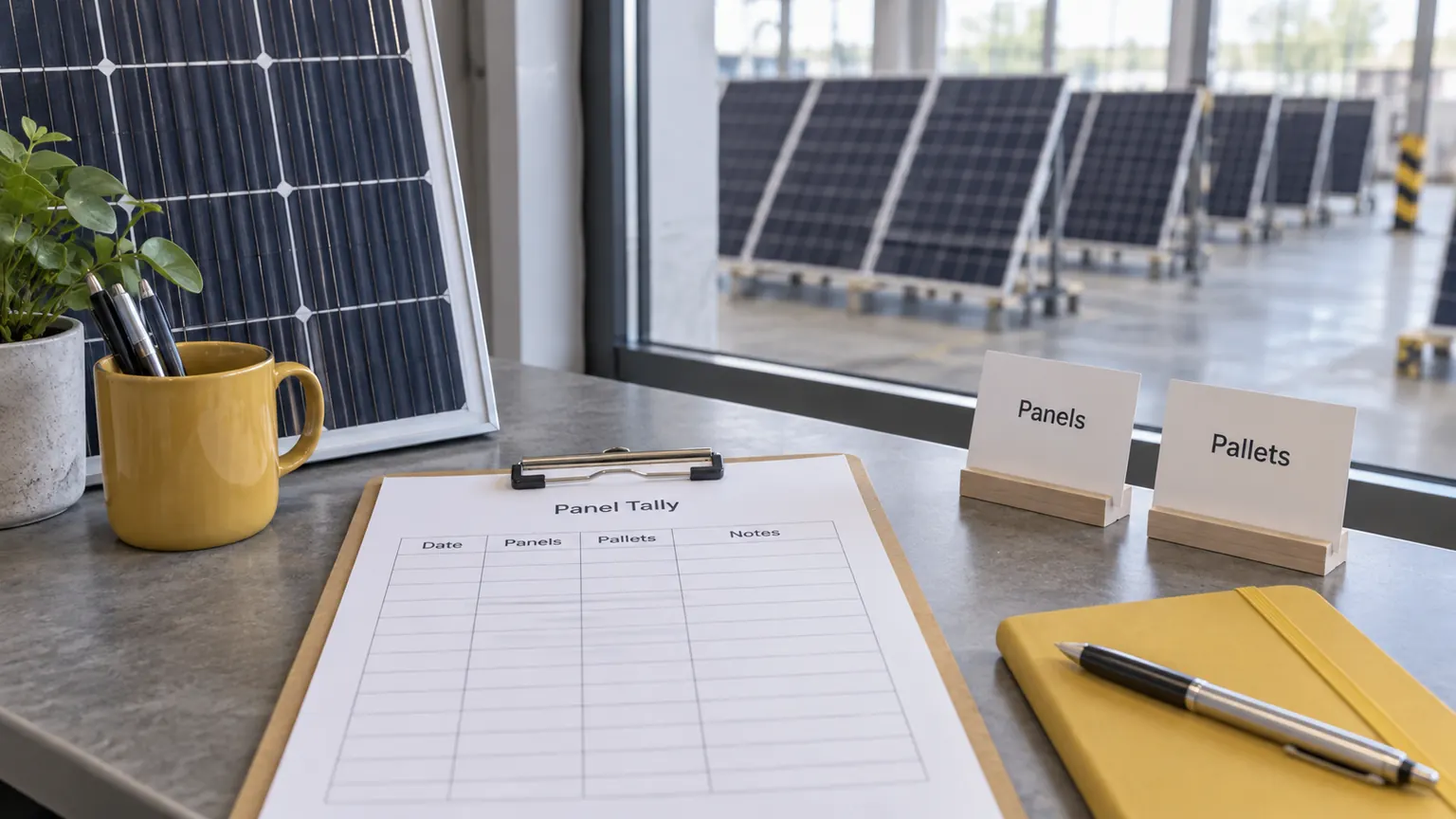 Blank panel tally sheet and Panels and Pallets cards beside a module and warehouse window