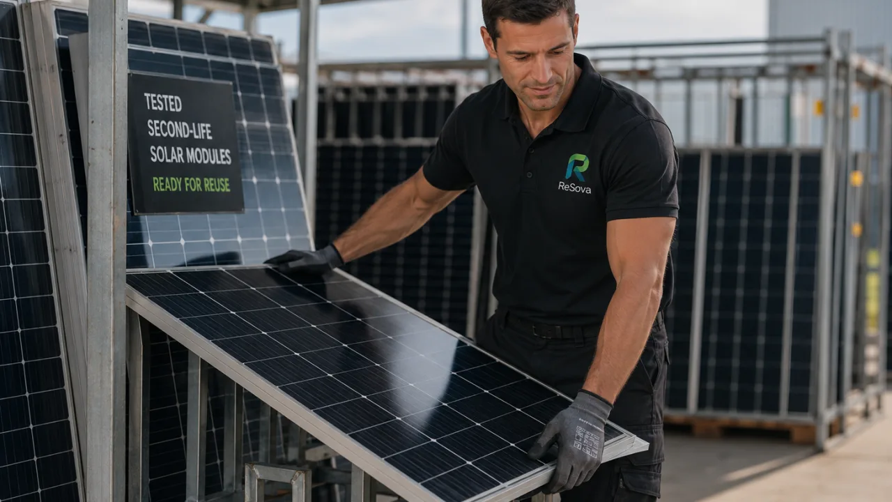 Tested, sound solar panels racked for reuse through a second-life market