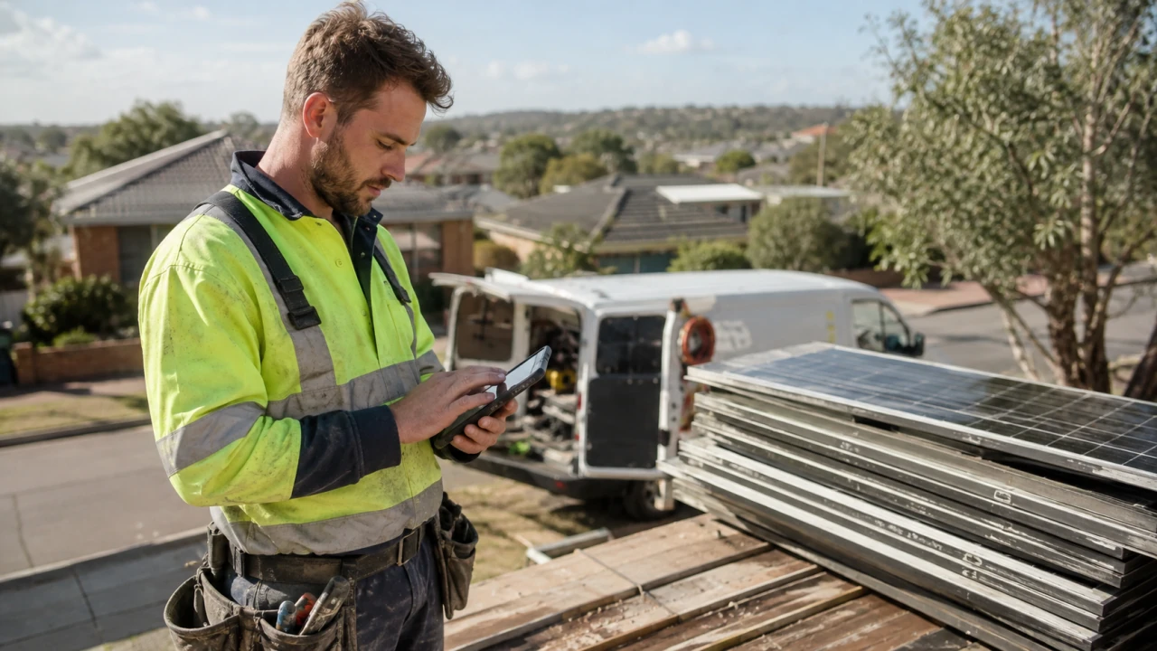 A solar installer reviewing their Trade Account collection booking on site in Sydney