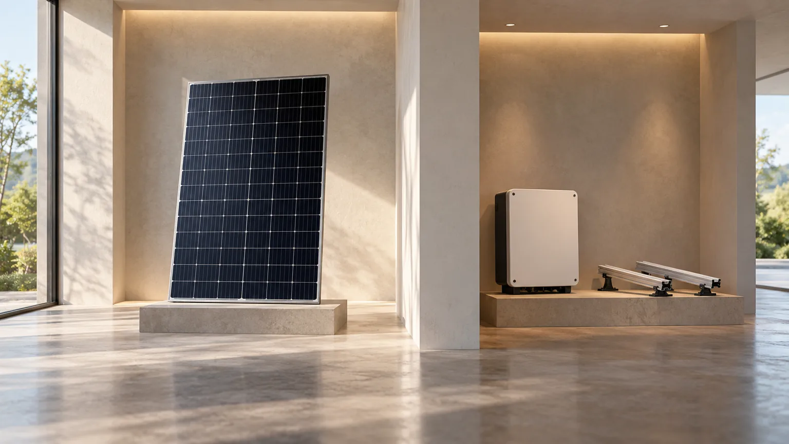 A photovoltaic module displayed in one alcove and a white inverter casing and short rails in another