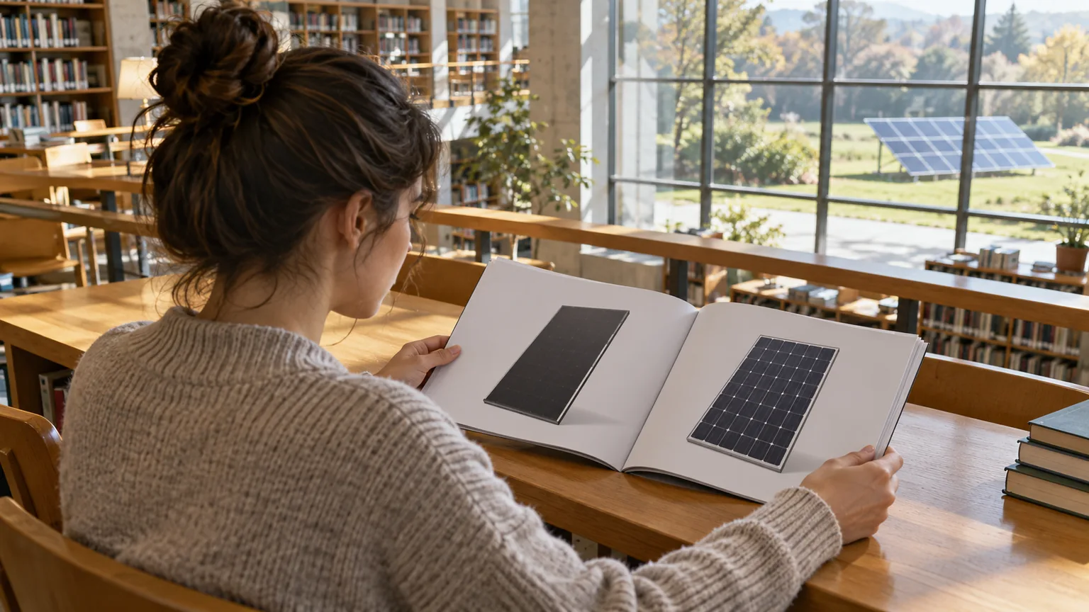 A seated reader comparing open brochures with different photovoltaic module drawings at a library table