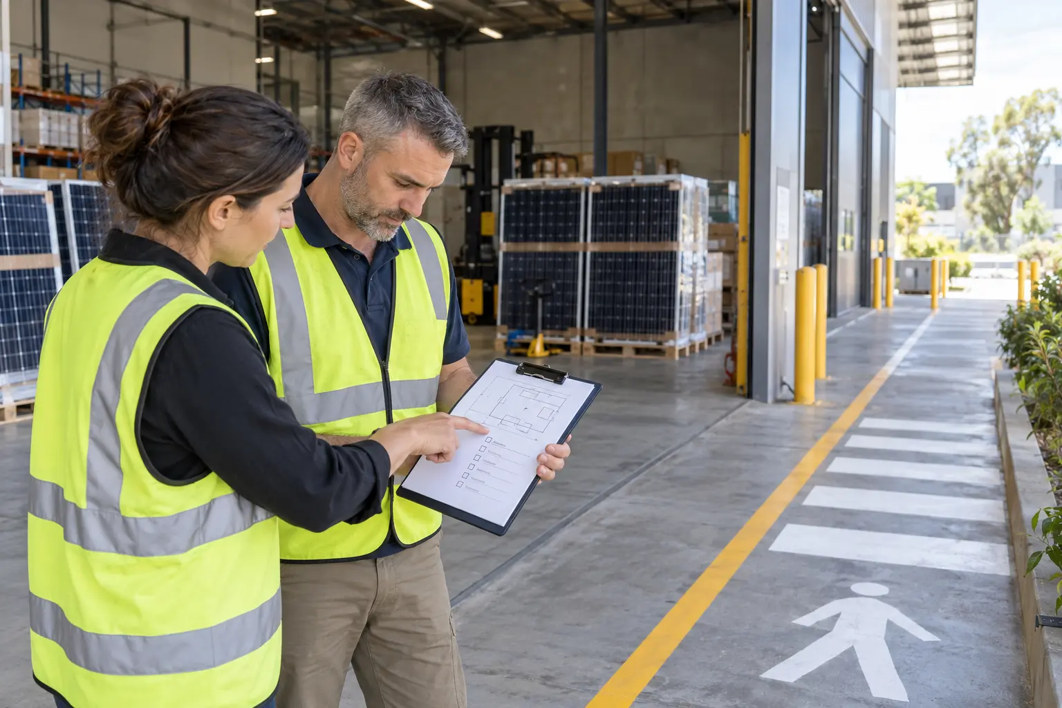 Illustrative facilities team reviewing warehouse access beside a protected solar equipment staging zone