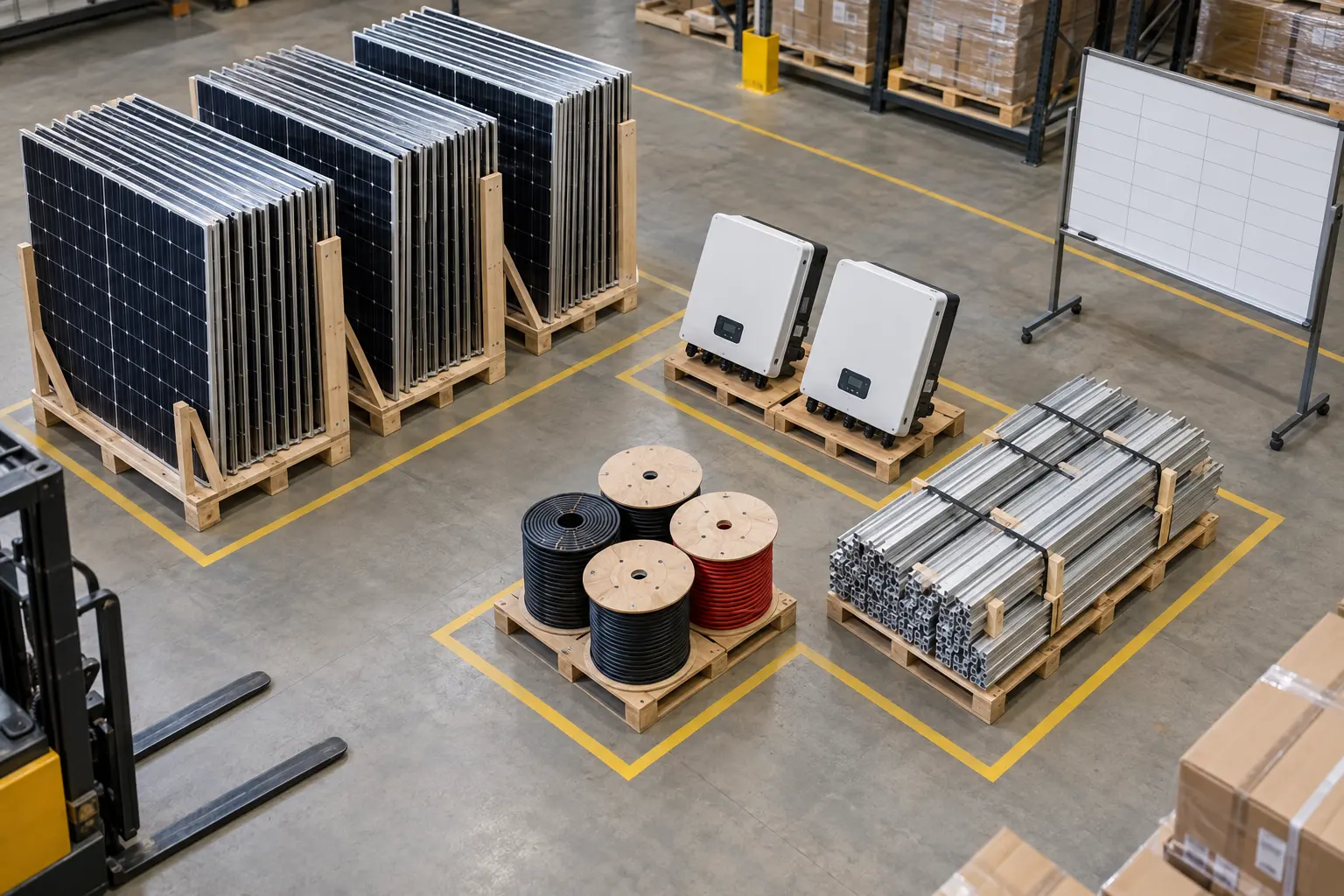 Illustrative warehouse inventory review showing solar panels and related equipment in separate groups