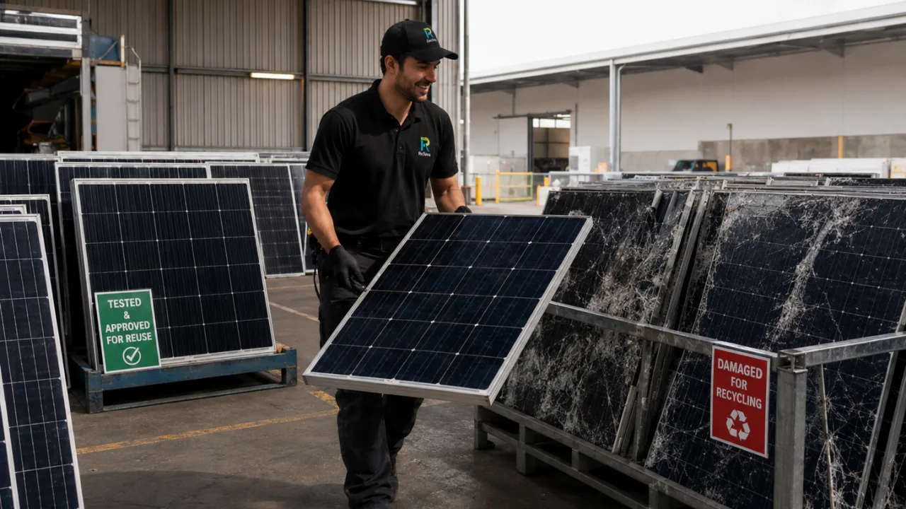 Collected solar panels sorted into reuse and recycling in a Sydney yard