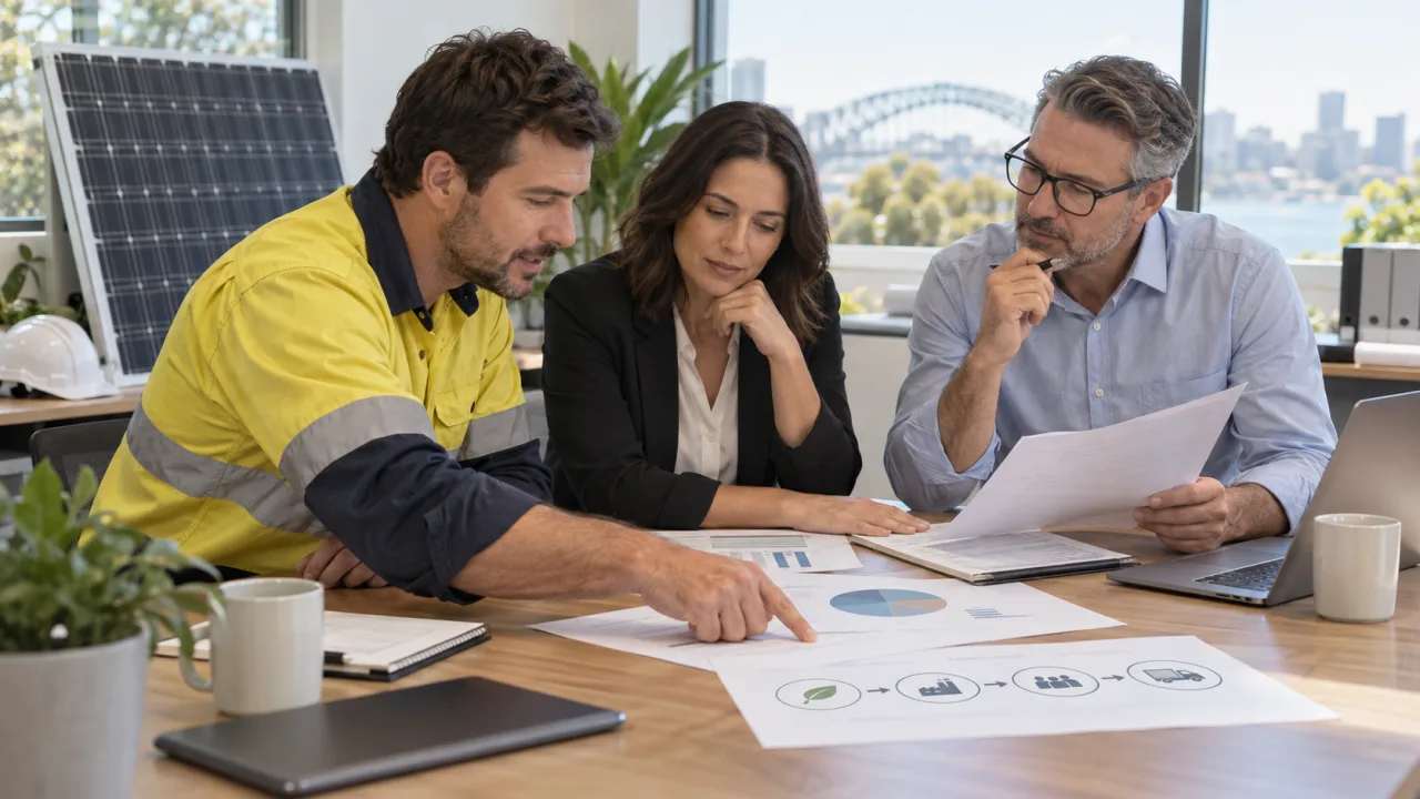 Australian installer, property manager and procurement professional comparing solar panel recycling cost responsibilities